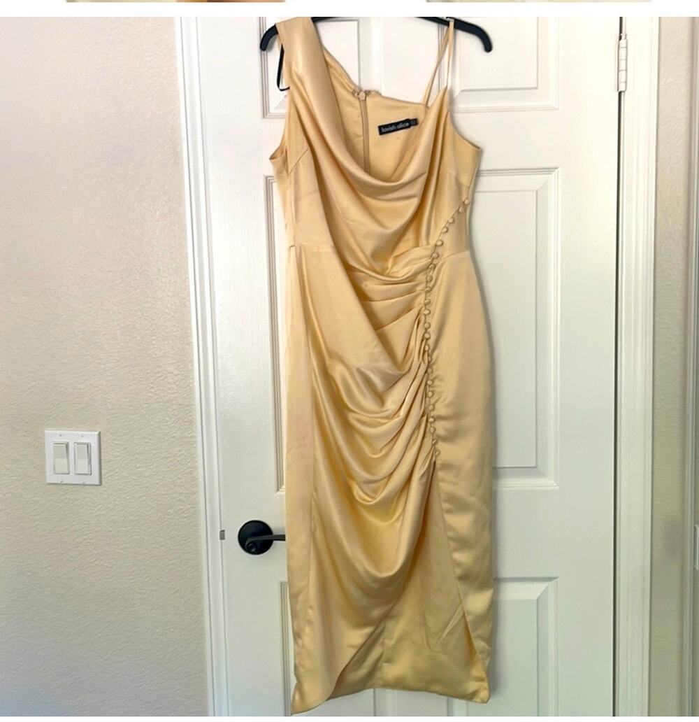 Lavish Alice Golden Yellow Cowl Neck One Shoulder Ruched Gown, A32